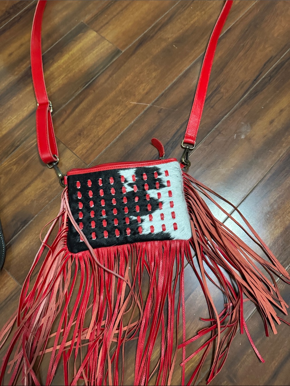 Western Linen Red Fringe Crossbody Bag with Black & White Accent